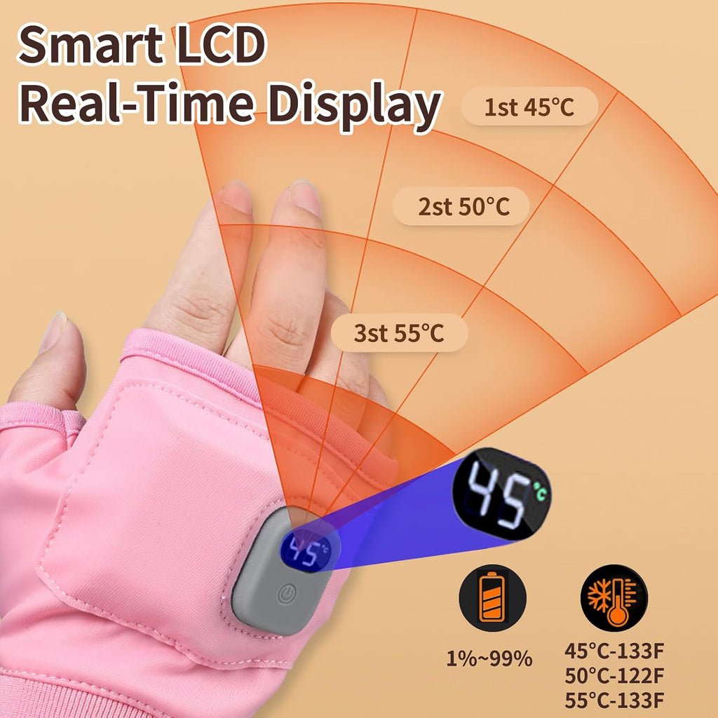 Smart Thermostatic Heated Fingerless Gloves,Rechargeable Heated Gloves,Portable Heating Glove with Digital Display,Three-Speed Adjustable Temperature, Heating Glove for Women Men
