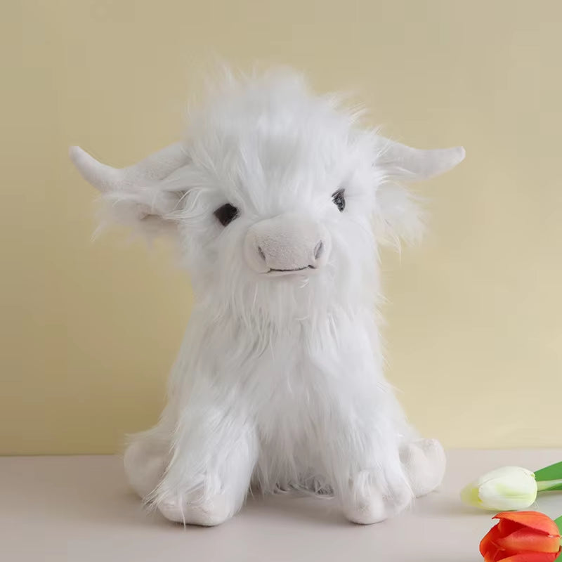 25Cm Simulation Kyloe Cream Highland Cow Animal Plush Toy Soft Stuffed Highland Cow Cattlle Plushie Birthday Gift for Kids Girls