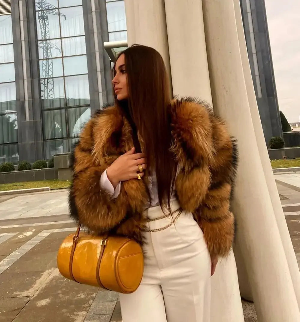 Punk Fake Raccoon Fur Jacket Women Autumn Winter Faux Fur Fox Coats Short Coat Jackets Furry Outerwear Work Thick Warm Coats